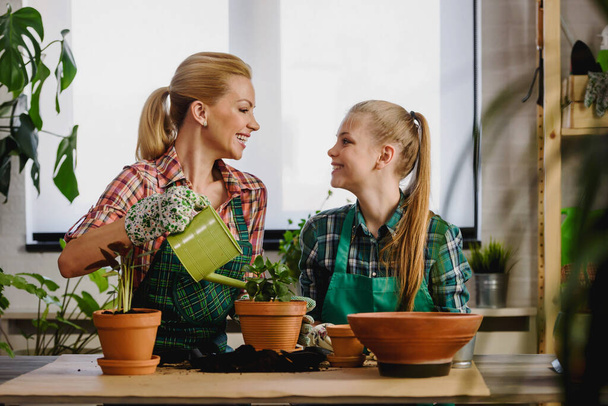 mother and her daughter are planting plants in greenhouse - Photo, Image