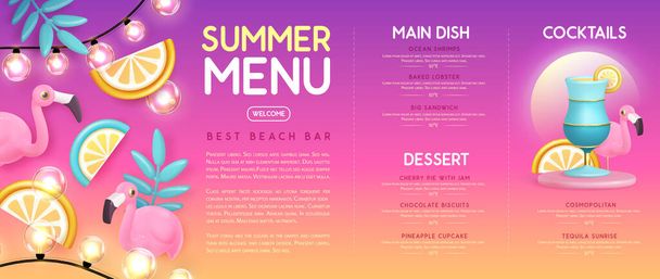 Restaurant summer menu design with 3D plastic cocktail, tropic fruits and flamingo. Vector illustration - Vector, Imagen