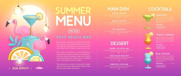 Restaurant summer menu design with 3D plastic cocktails, tropic fruits and flamingo. Vector illustration - Vektori, kuva