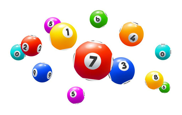 ビンゴボール、孤立した3Dベクトル宝くじ、ロットやケノのギャンブルゲームは、勝利の組み合わせの幸運な数が落ちてカラフルな球。ゲームレジャーアクティビティのレクリエーション、抽選、運や勝利賞 - ベクター画像