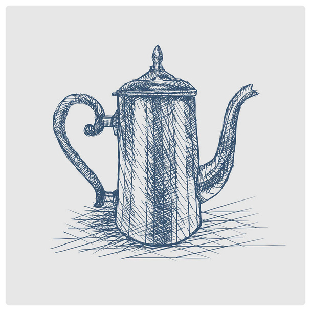 Herbata garnek vintage szkic przestarzałe niebieski styl raster ilustracji. Stara ręcznie rysowana imitacja grawerowania. - Zdjęcie, obraz