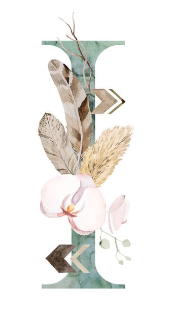 Acuarela verde letra I con flores y plumas tropicales beige marrón, hojas de palma secas y hierba pampa, ilustración aislada alfabeto bohemio. Elemento para papelería de boda boho y étnica - Foto, imagen