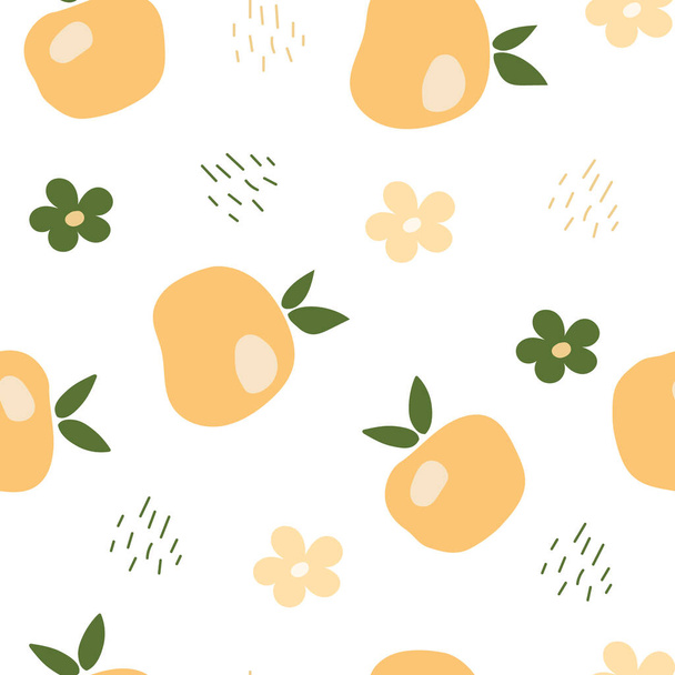 A seamless pattern with oranges and green leaves. Cute pattern orange and flowers vector illustration - ベクター画像