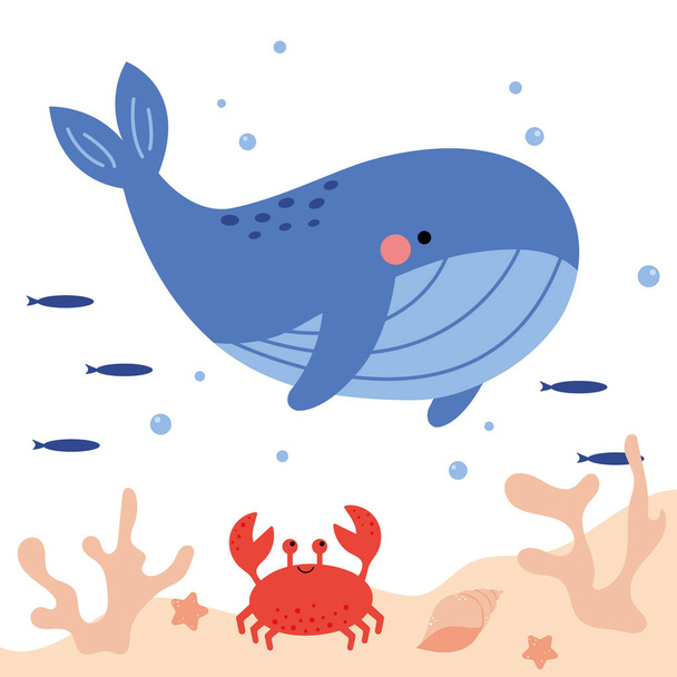 Cute cartoon undersea world. Deep Ocean or sea with fish, crab, whales, stars, aquatic plants. Vector illustration - Вектор,изображение