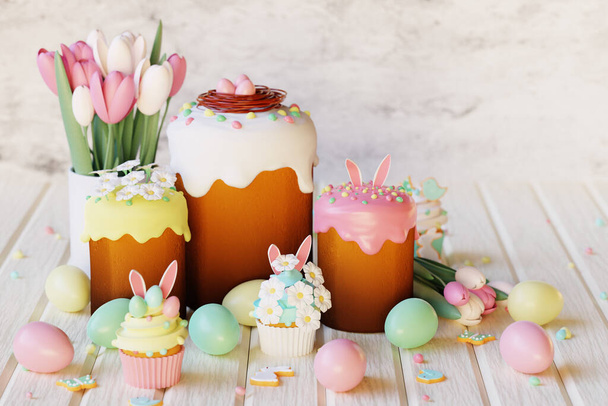 Easter cakes, cupcakes, eggs and gingerbread cookies on white wooden table. 3d render - Foto, immagini