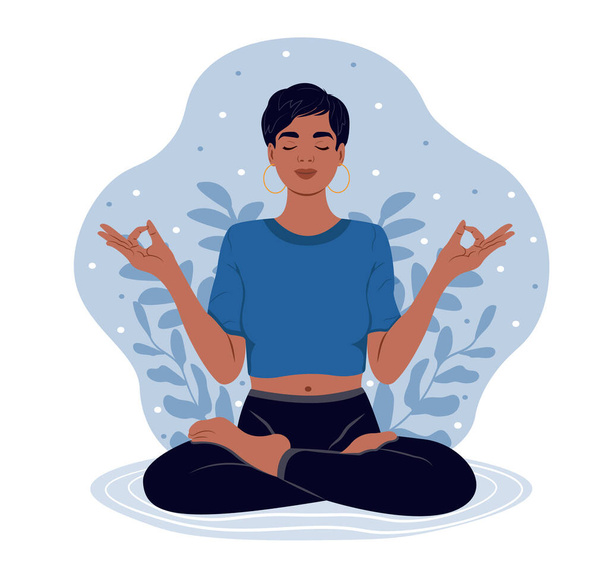 Woman with closed eyes meditating in yoga lotus posture. The girl is doing her favorite hobby - Vector, Image