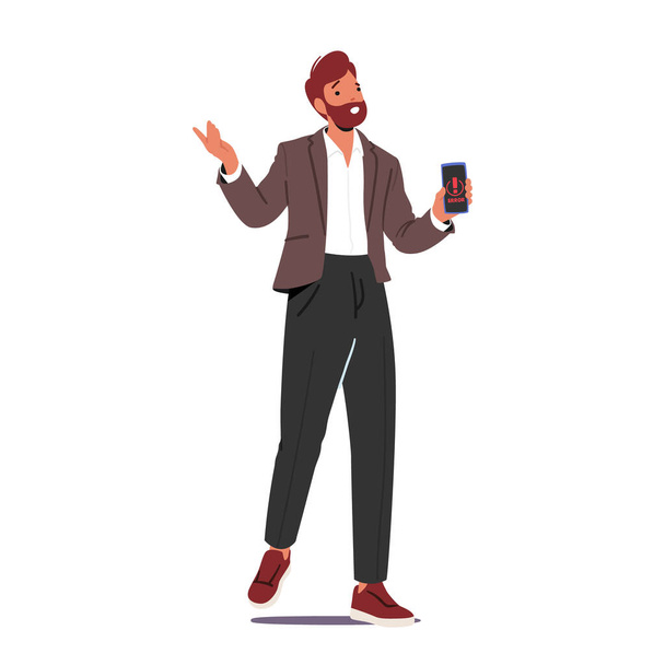 Muž držící smartphone s chybovým hlášením na obrazovce. Frustrace a technické problémy v oblasti technologií, technických potíží nebo koncepce služeb zákaznické podpory. Vektorová ilustrace kreslených osob - Vektor, obrázek