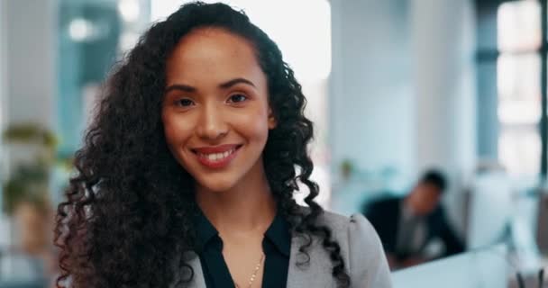 Business, smile on face and woman in modern office with confidence and happiness for entrepreneur at work. Happy portrait of businesswoman with success, opportunity and professional job in workplace - Footage, Video