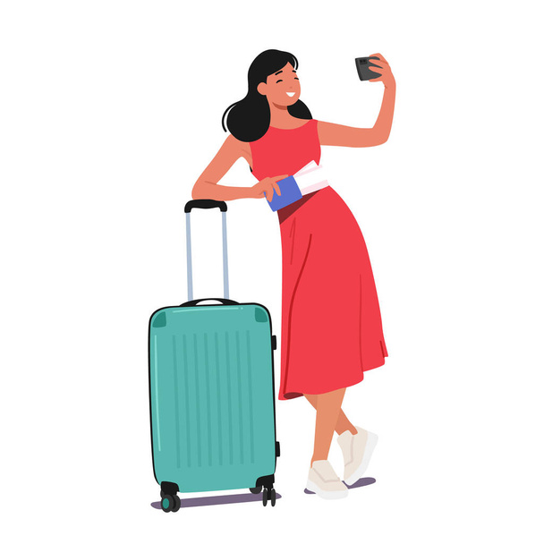 Junge Frau mit Koffer und Tickets knipst ein Selfie mit ihrem Handy. Sie ist bereit, sich auf eine Reise zu begeben und Erinnerungen einzufangen. Weltreise, Reise, Reise. Zeichentrickvektorillustration - Vektor, Bild