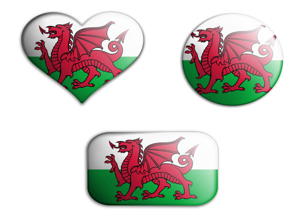 színes nemzeti művészeti zászló Wales figurák fenék fehér alapon. fogalom kollázs. 3d illusztráció.3d elemek - Fotó, kép