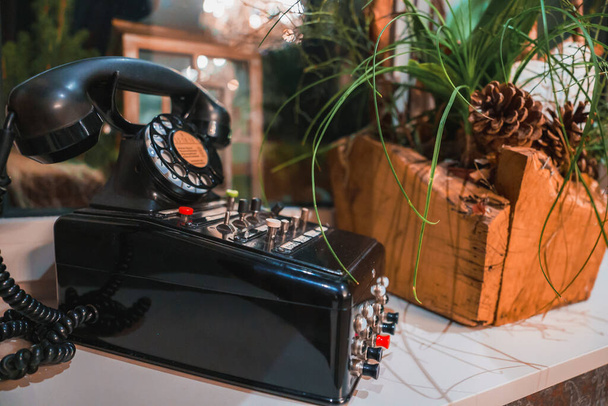 Closeup of vintage telephone by potted plant on table in hotel room, Luxury travel concept - Fotografie, Obrázek