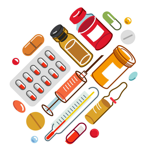 Big composition set of medicaments vector flat illustration isolated, pharmacy drugs apothecary bottles and pills and ampules, health care and healing medical theme design. - Vector, imagen