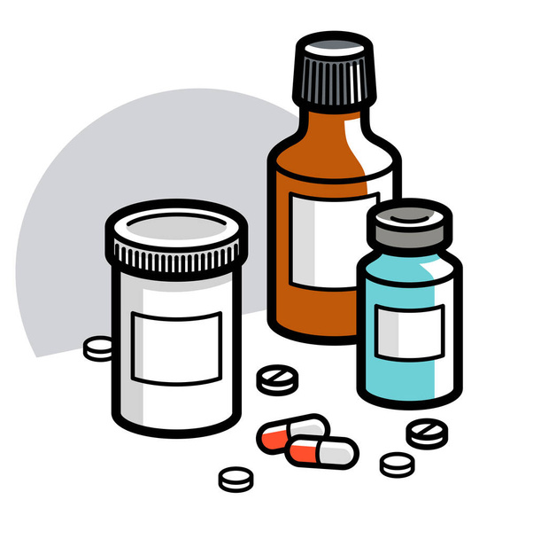 Medicine pharmacy theme medical bottles 3d vector illustration isolated, medicaments and drugs, health care meds cartoon, vitamins or antibiotics, simple linear design. - Vector, imagen