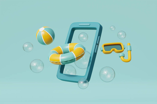 3D Smartphone με καλοκαιρινά στοιχεία, μπάλα θαλάσσης και αναπνευστήρα. Καλοκαιρινές διακοπές. 3d απόδοση - Φωτογραφία, εικόνα