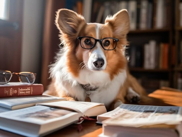 Intelligent Corgi Dog in Glasses is reading a Book. Book Lover Day. Generative Ai. High quality illustration - Valokuva, kuva