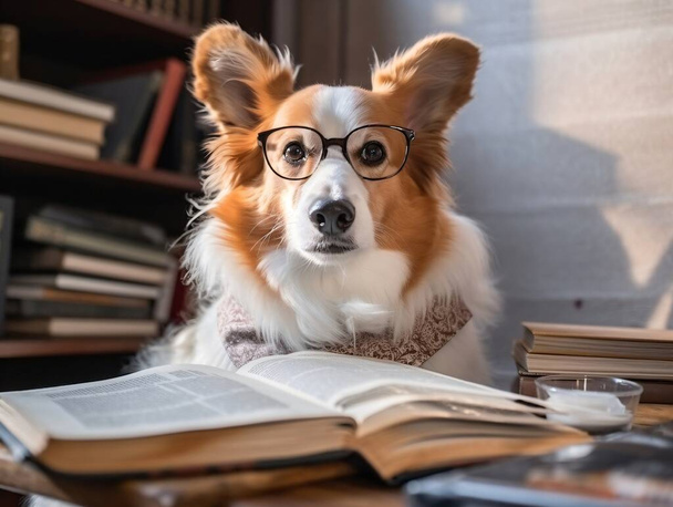Intelligent Corgi Dog in Glasses is reading a Book. Book Lover Day. Generative Ai. High quality illustration - Photo, image