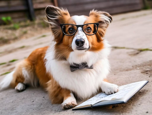 Intelligent Corgi Dog in Glasses is reading a Book. Book Lover Day. Generative Ai. High quality illustration - Foto, afbeelding