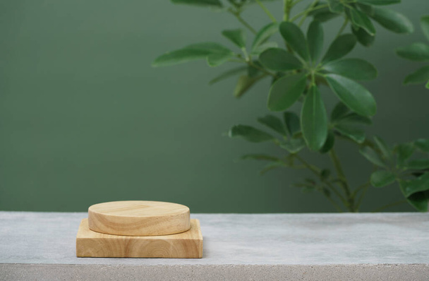 Wood podium on concrete table top floor tropical plant with blurred dark green background.Healthy natural product placement pedestal platform stand display, forest or jungle concept. - Photo, Image