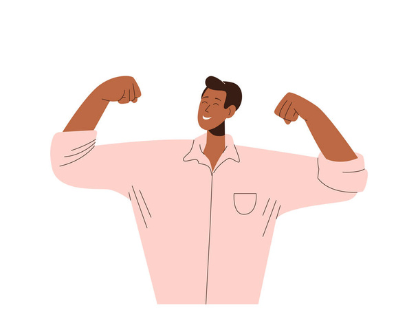 Young confident businessman character showing strong arms felling poser, success and strength isolated on white background. Male coach entrepreneur demonstrating motivation gesture vector illustration - Vector, Image