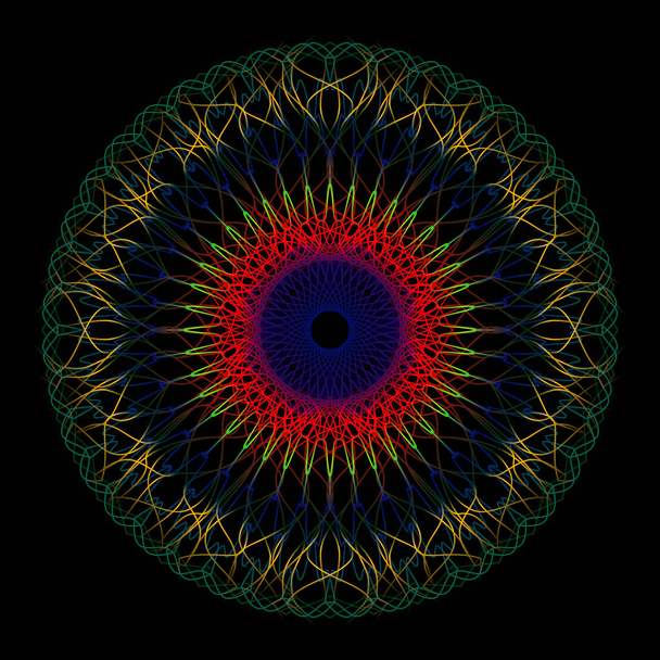 Zářící kruhový vzor mnoha směšovacích linií. Barevné tradiční kosa dračí oko mandala. - Vektor, obrázek