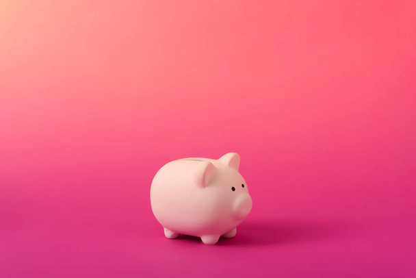 White piggy bank on rose magenta color background. Saving, money accumulation, investment, banking or business services, wealth concept. - Valokuva, kuva