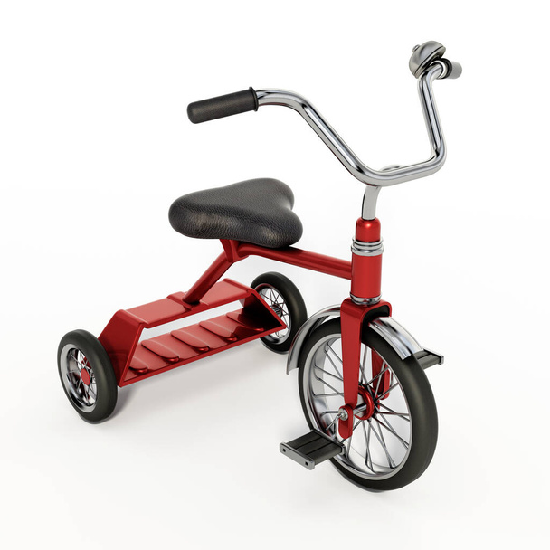Red vintage kid's tricycle isolated on white background. 3D illustration. - Фото, изображение