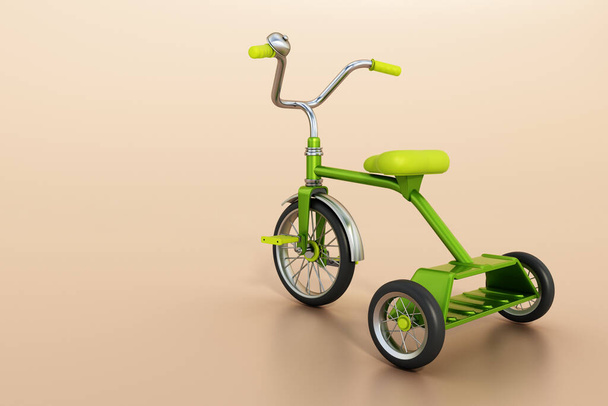 Green vintage kid's tricycle. Copy space on the left side. 3D illustration. - 写真・画像