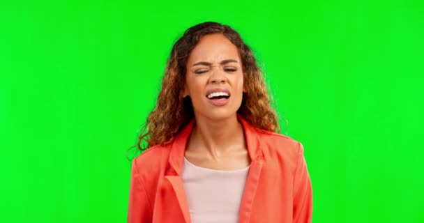 Hear, gossip and woman listening careful and ask to be loud isolated against a studio green screen background. Portrait, young and female with hearing problem, deaf and holding or hand on ear. - Footage, Video