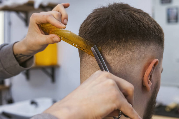 Fryzjer lub fryzjer pracuje nad włosami z tyłu głowy klienta za pomocą nożyczek i grzebienia. - Zdjęcie, obraz