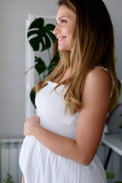 schöne schwangere Frau posiert in der Nähe des Fensters - Foto, Bild