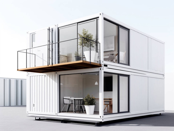 Illustration of a small house built from recycled shipping containers. Painted in white to reduce the rate of heat conductivity into the house. The house is equipped with furniture and utility services. - Photo, Image