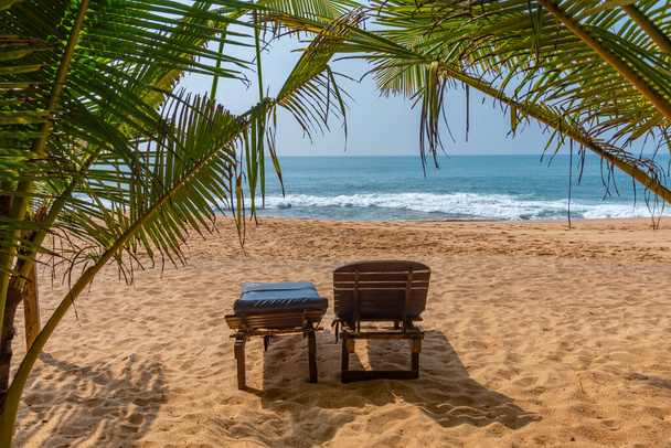 Sunbeds at Marakolliya beach, Sri Lanka. - Фото, изображение