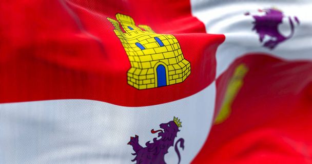 Kasztília és Leon zászlójának közelsége lengett a szélben egy tiszta napon. Kasztília és Leon autonóm közösség Északnyugat-Spanyolországban. 3D illusztráció render. Szelektív fókusz. Hasított textília - Fotó, kép