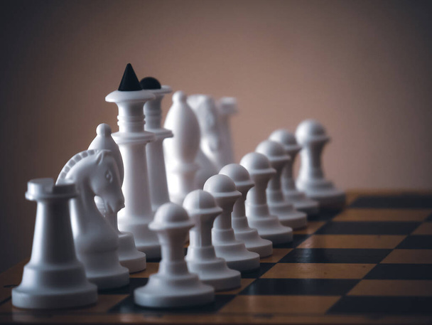 Chess game. Chess pieces on the game board. White and black. Tactical competition. Concept of a successful team work leader. Business strategy. - 写真・画像