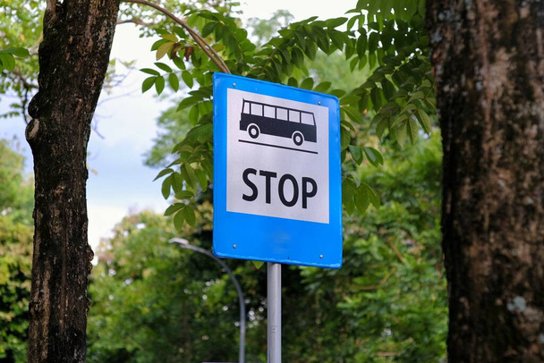 Segnale di stop per il trasporto pubblico di autobus su strada. - Foto, immagini