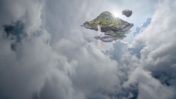 Île avec cascades et arc-en-ciel flottant au-dessus des nuages dans un ciel de rêve
 - Photo, image
