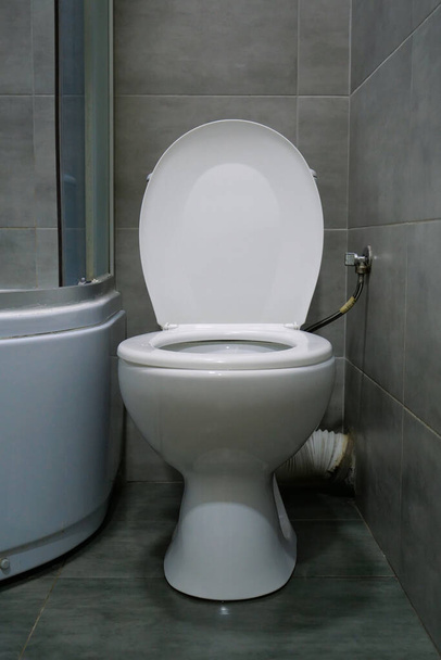 Інтер'єр туалетної кімнати з білим унітазом, душовою кабіною та сірою плиткою
 - Фото, зображення