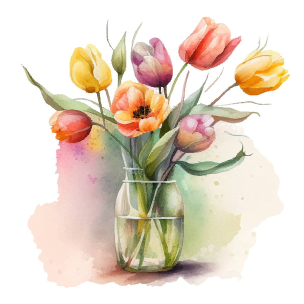 Colorful watercolor Hand drawn sketch of Tulips bouquet in a glass vase on a white background. Tulips bulb. - Vector, imagen