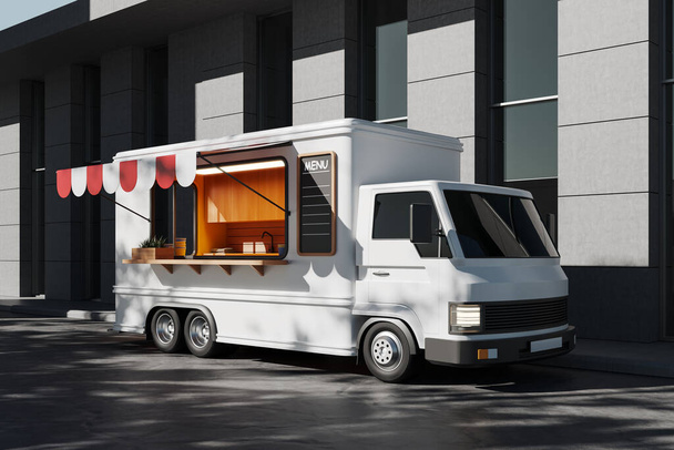 Mutfağı olan beyaz bir yemek kamyonu yemek pişirme alanı ve menüsü olan modern bir minibüs. Yerel şehir yemekleri kavramı. 3B görüntüleme - Fotoğraf, Görsel
