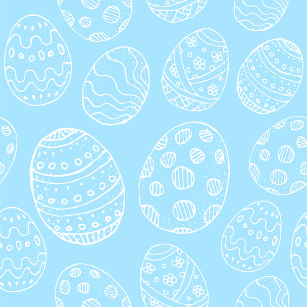 Seamless background with white contour Easter eggs on a blue background. Stylized Easter eggs with patterns - Vector, imagen