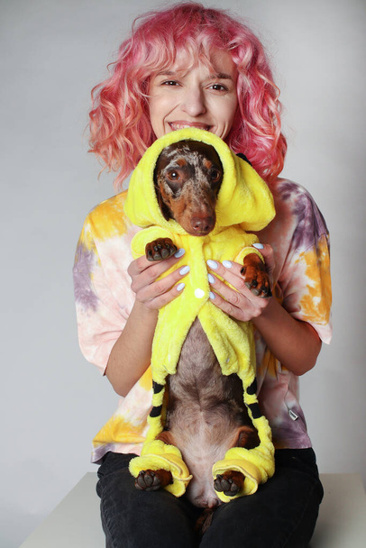 Una chica con el pelo rosa sonríe con un perro. amigos Marble dachshund. Fondo blanco - Foto, imagen