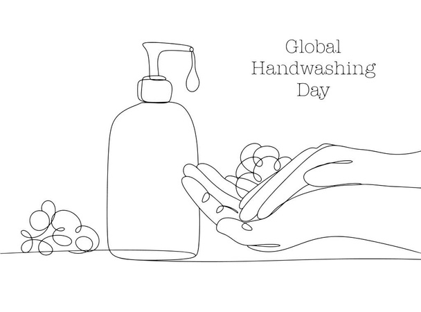 Se laver les mains avec du savon. Mousse dans les paumes. Savon liquide. Un dessin de ligne pour différentes utilisations. Journée mondiale du lavage des mains. Illustration vectorielle - Vecteur, image