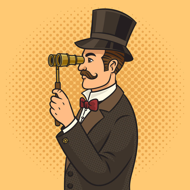 Old fashioned gentleman in top hat and with binoculars pinup pop art retro vector illustration. Comic book style imitation. - Vector, Imagen