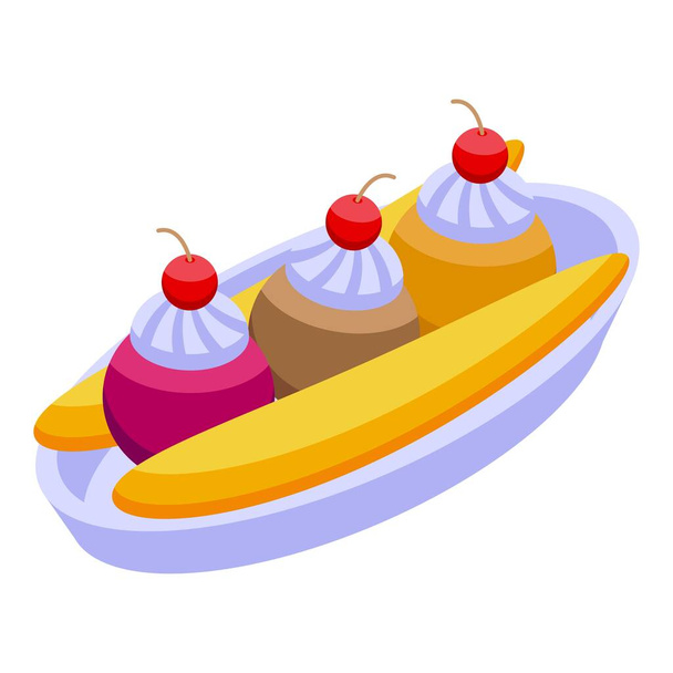 Cherry banana split icon isometric vector. Cream bowl. Food dessert - Вектор,изображение