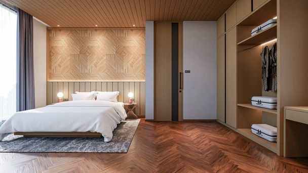 Interior moderno dormitorio con paredes blancas y suelo de madera 3d renderizado - Foto, Imagen