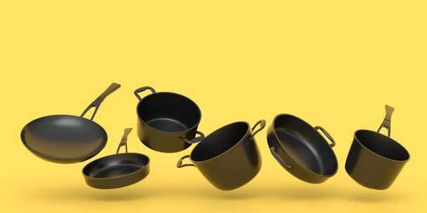 Set of flying stainless steel stewpot, frying pan and chrome plated aluminum cookware on monochrome background. 3d render of non-stick kitchen utensils - Photo, image