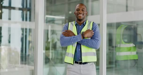 Architect, confident construction worker and black man happy for professional real estate development and property project. Architecture engineering, portrait and person with pride and confidence. - Footage, Video
