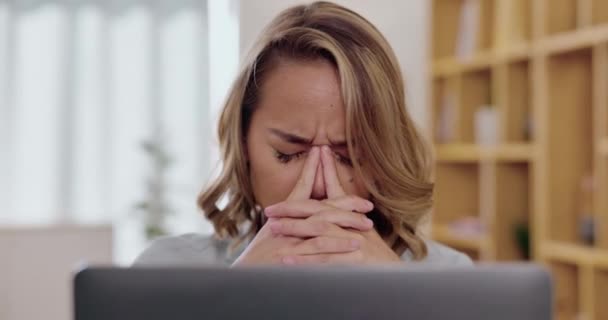 Headache, stress and sad woman on laptop with career burnout, anxiety and mental health risk in office. Crying, pain and depression of tired person with anxiety on computer mistake, fail or fatigue. - Footage, Video