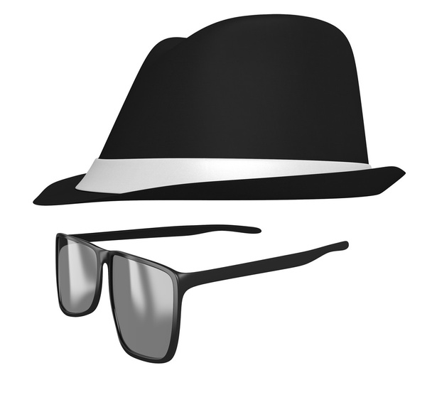 Identity concept of a retro fedora hat and dark glasses disguise - Photo, Image