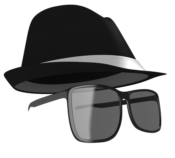 Dark glasses and black hat disguise for a detective or spy - Photo, Image